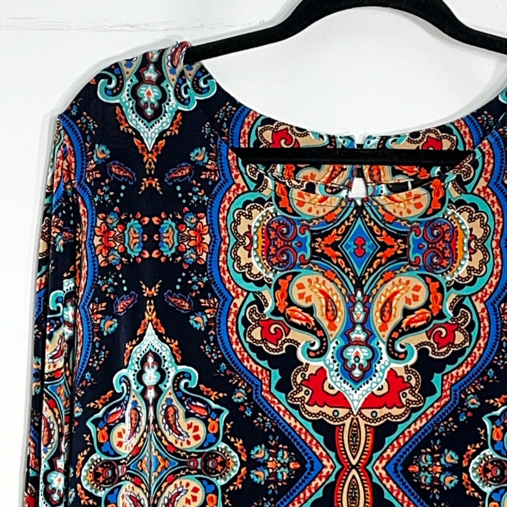 New Directions Womens XL Paisley Medallion Split Bell Sleeve Top Navy Blue Red - Picture 3 of 8